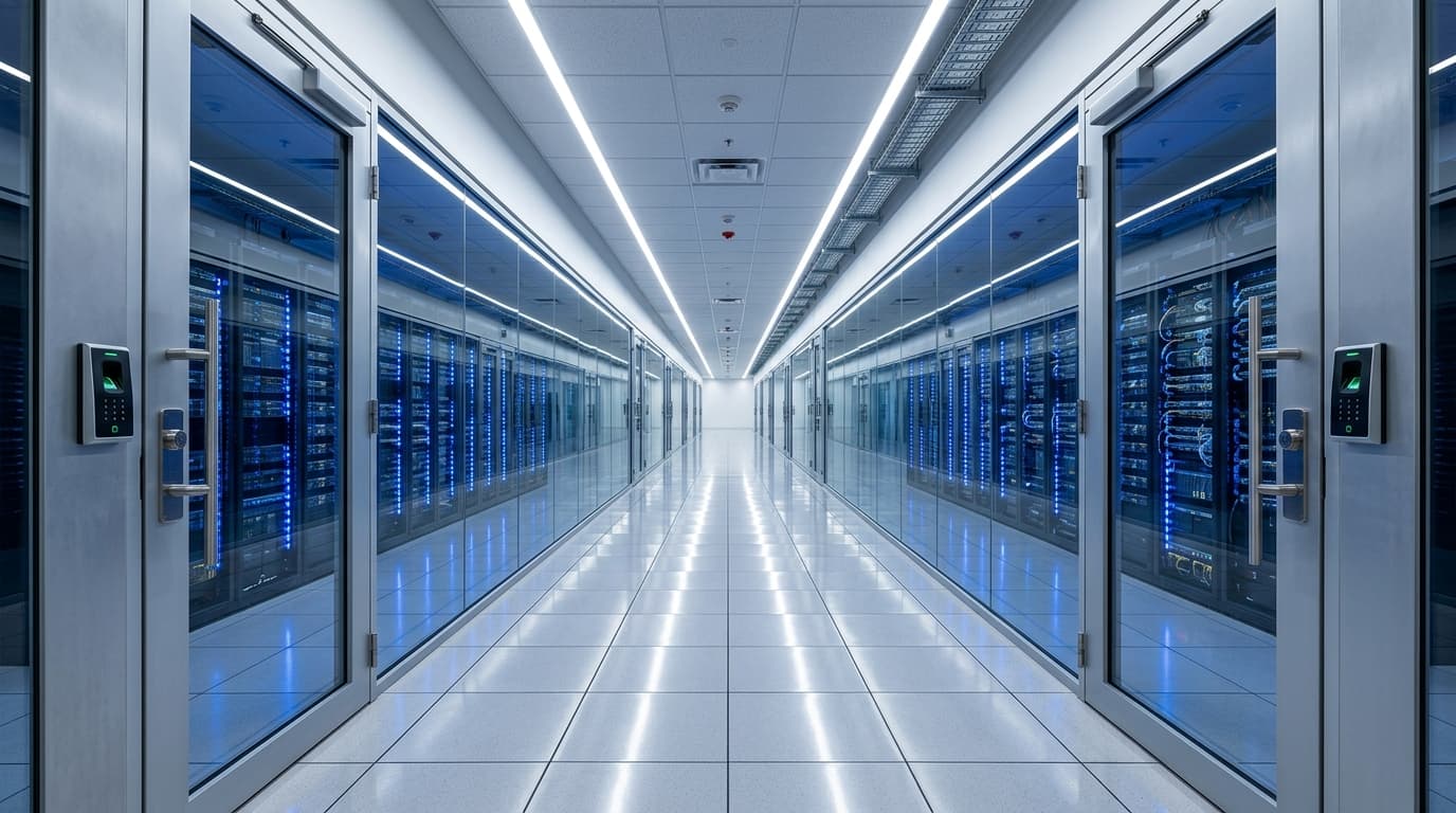 About Cloudtopiaa — glass-walled data halls and secured access corridor